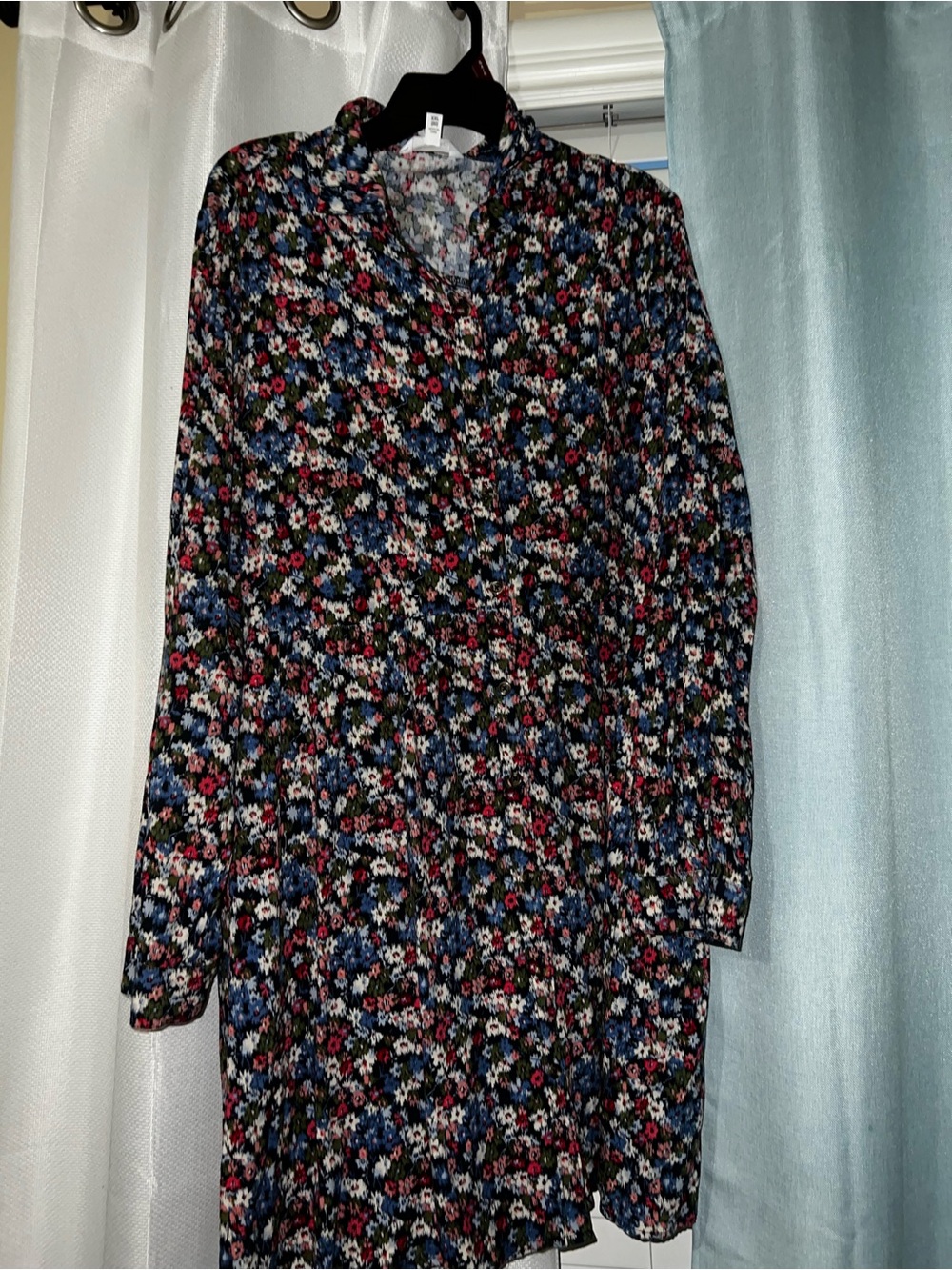 Long Sleeve Floral Button-Up Dress in navy blue  Multi